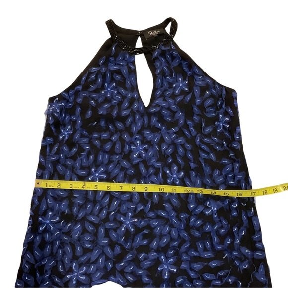 Parker Black Abstract Embellished Mini Halter Cocktail Dress 2 Black Blue Floral - Picture 5 of 9